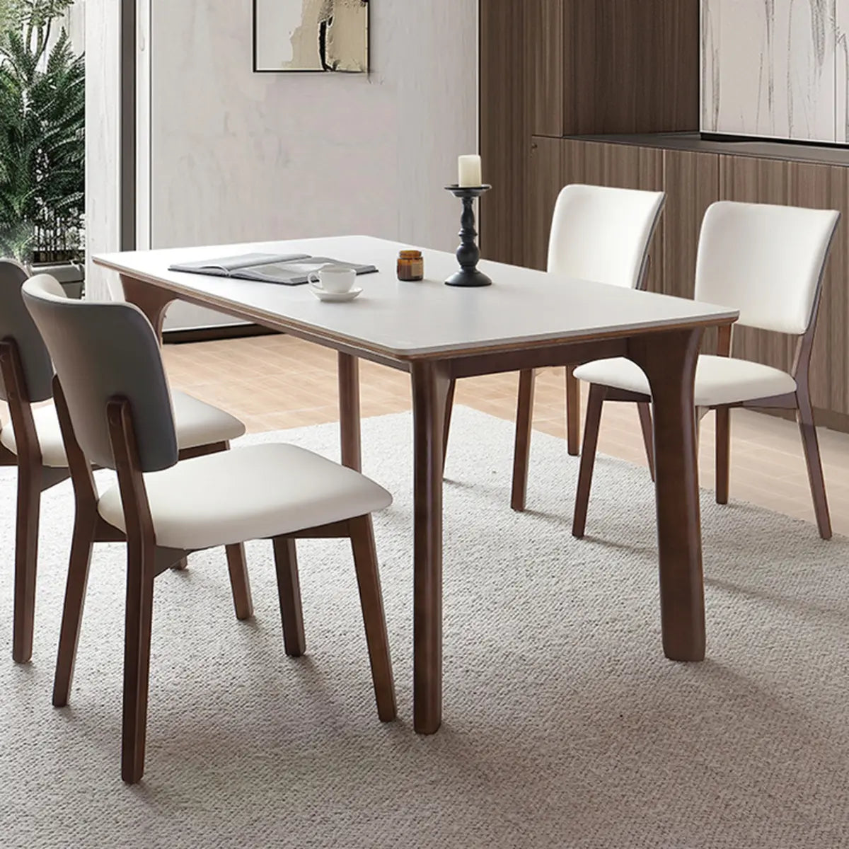 Stone Top Rectangle Wood Base Dining Set with Chairs Image - 6