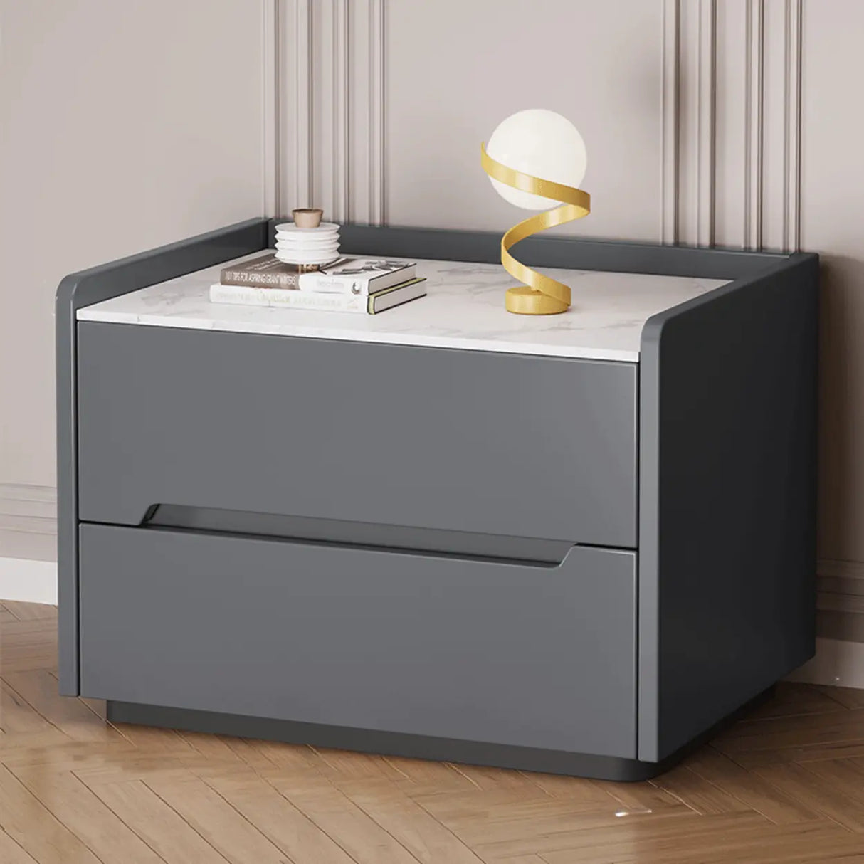 Stone Top Wood Frame Nightstand with Two Drawers Image - 11