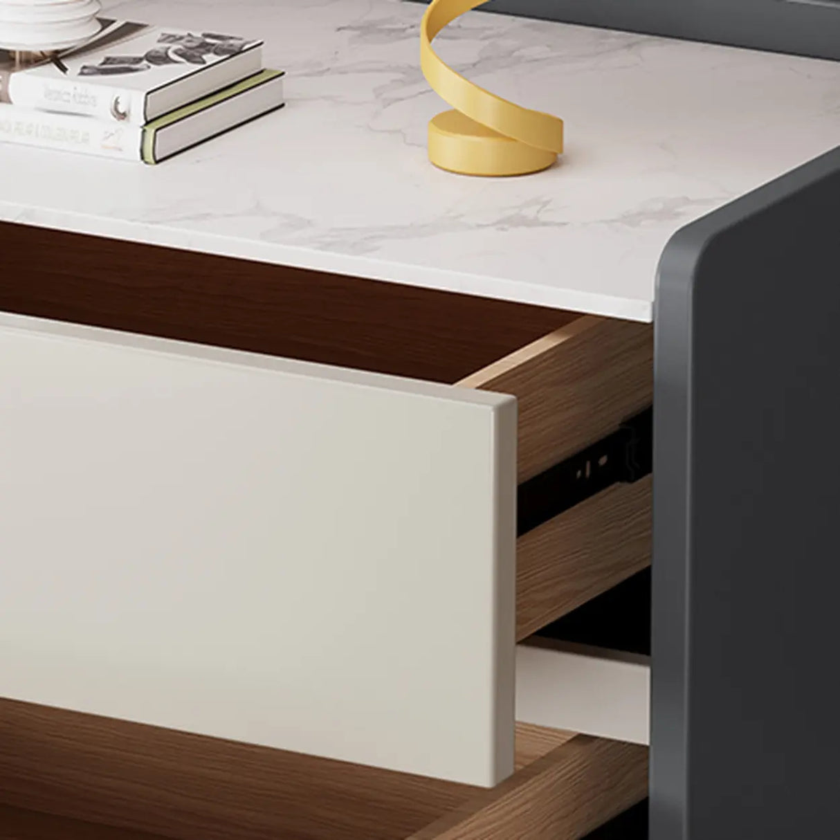Stone Top Wood Frame Nightstand with Two Drawers Image - 13