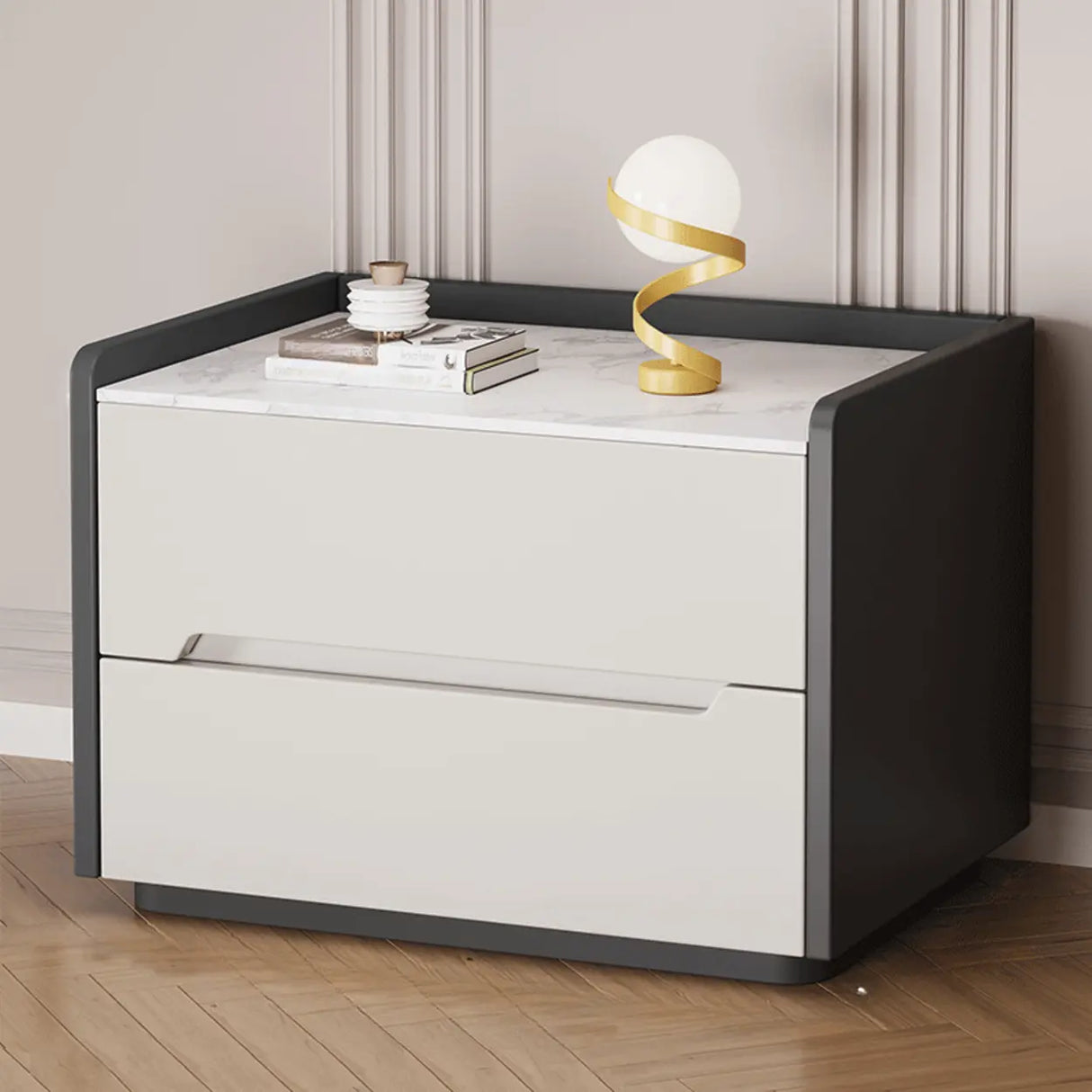 Stone Top Wood Frame Nightstand with Two Drawers Image - 5