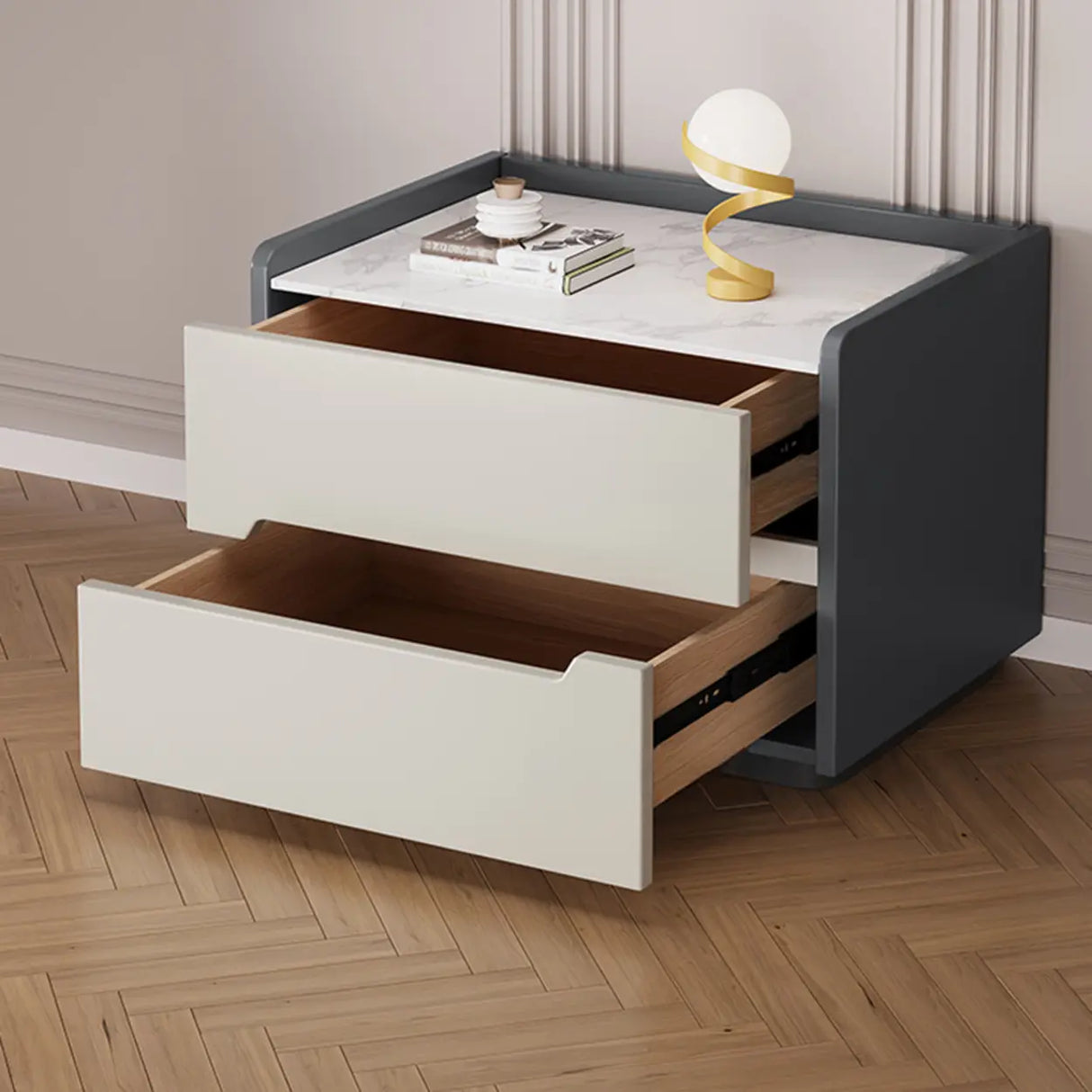 Stone Top Wood Frame Nightstand with Two Drawers Image - 6