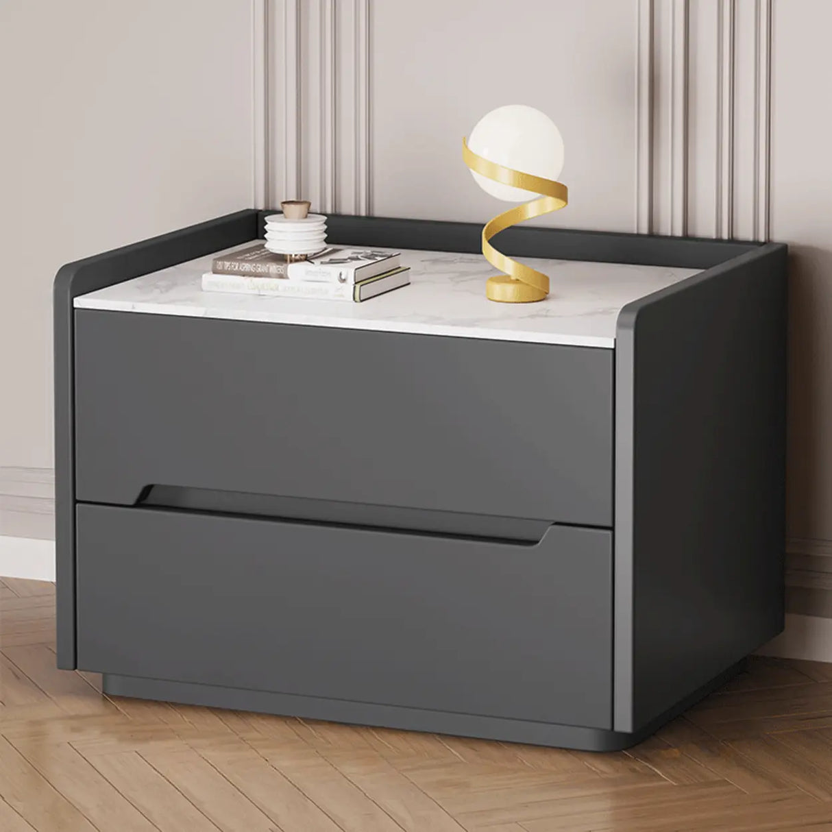 Stone Top Wood Frame Nightstand with Two Drawers Image - 7