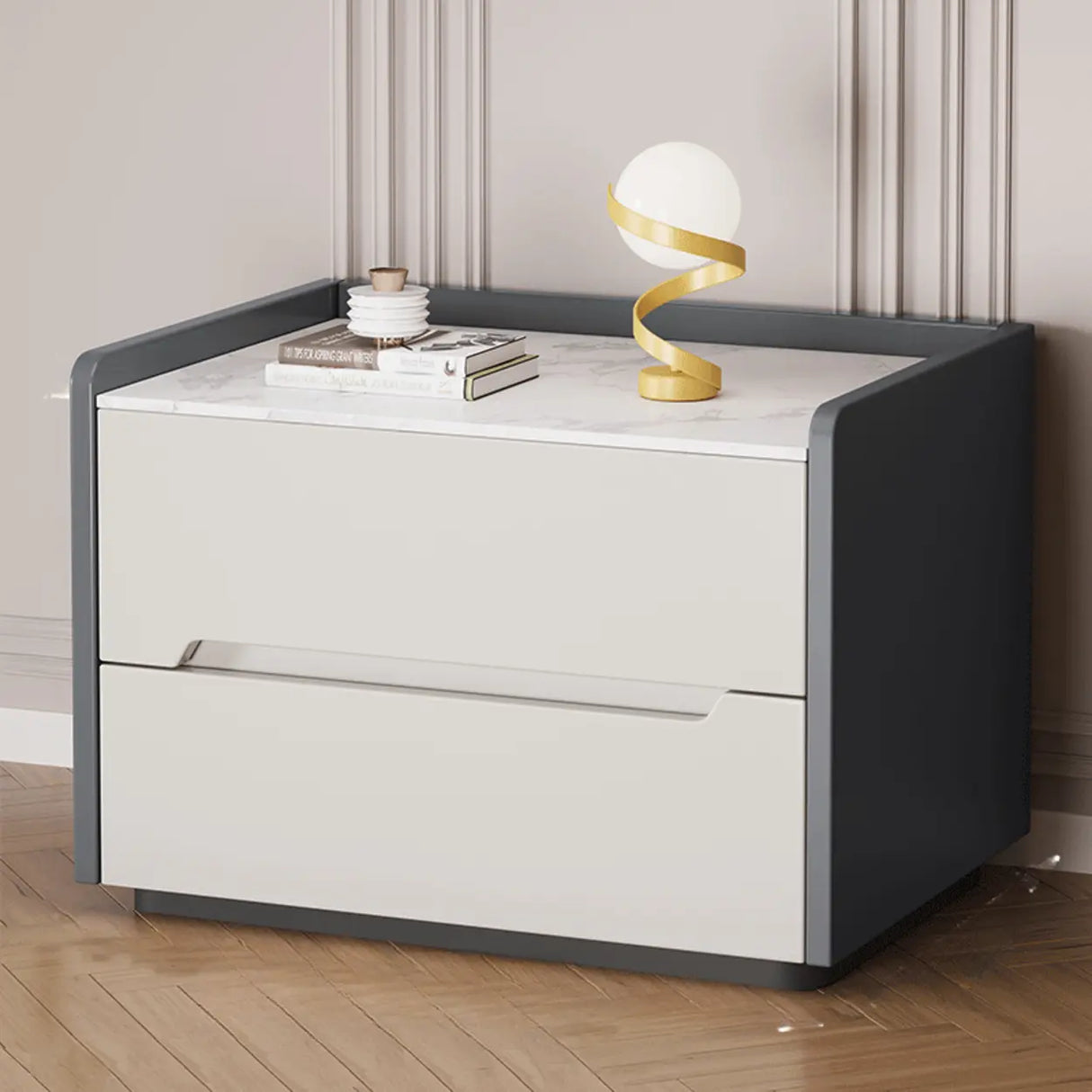 Stone Top Wood Frame Nightstand with Two Drawers Image - 9