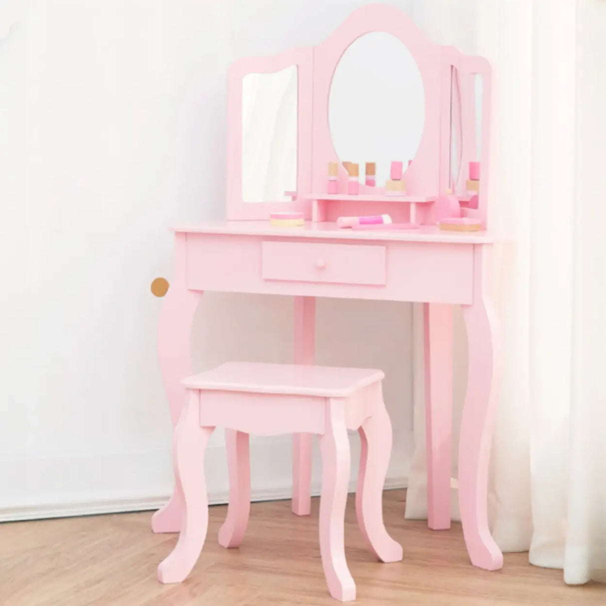 Stool Included Mirror and Storage Pink Kids Vanity Set Image - 1