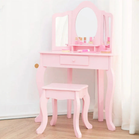 Stool Included Mirror and Storage Pink Kids Vanity Set Image - 1