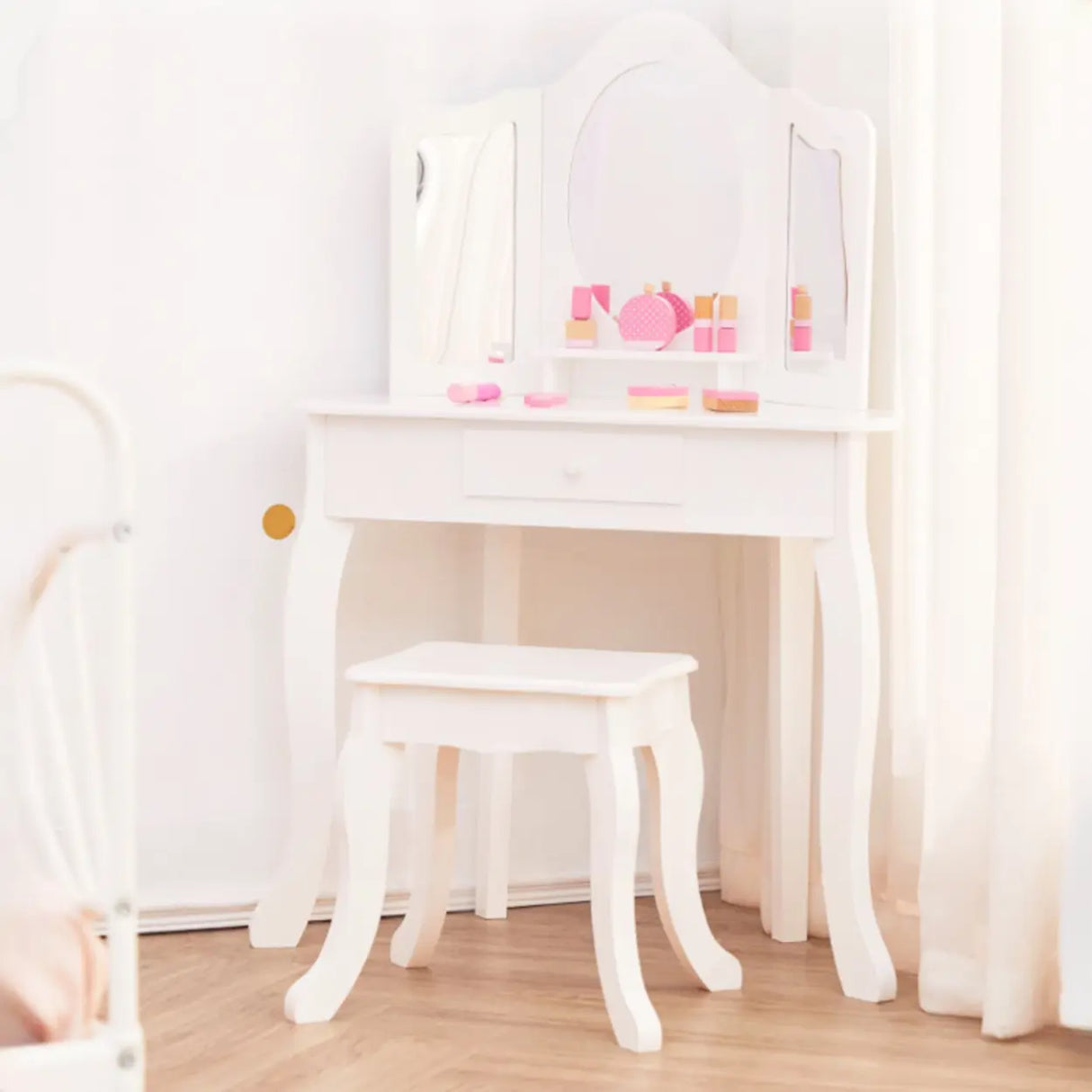 Stool Included Mirror and Storage Pink Kids Vanity Set Image - 5