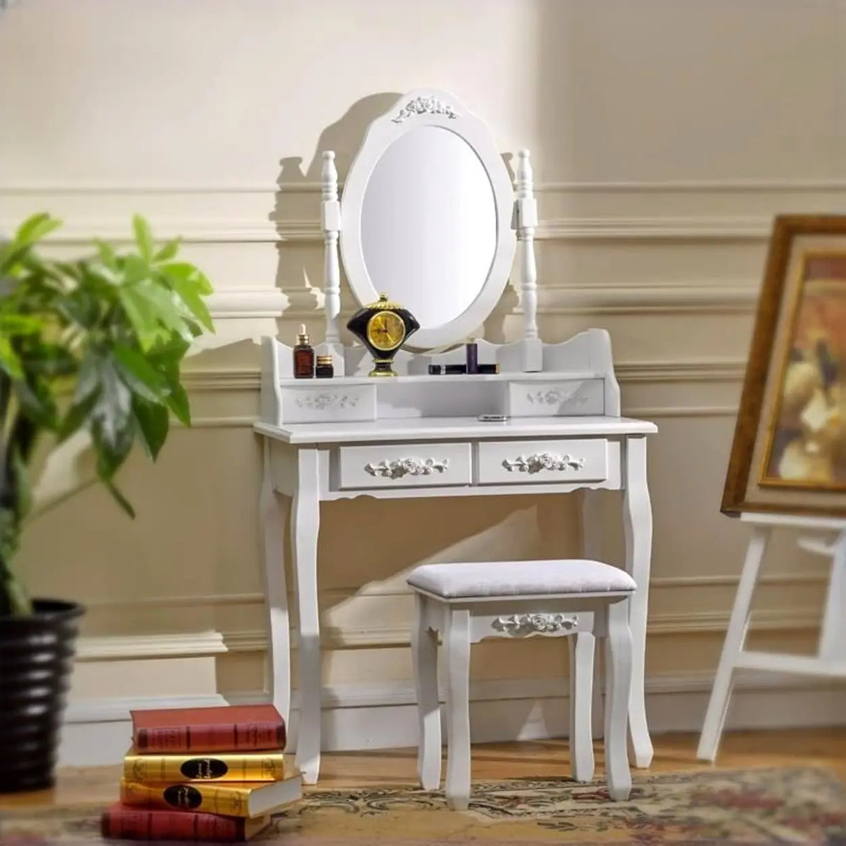 Stool Included Oval Mirror Storage Kids Vanity Set Image - 1