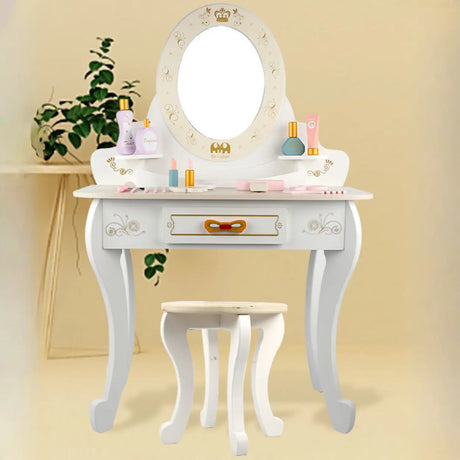 Stool Included Pink Vanity Table Set with Mirror and Storage Image - 1