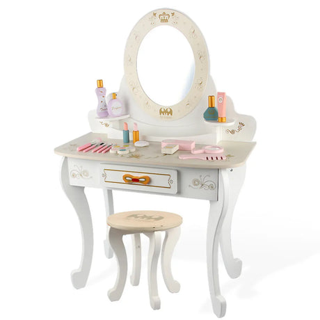 Stool Included Pink Vanity Table Set with Mirror and Storage Image - 2