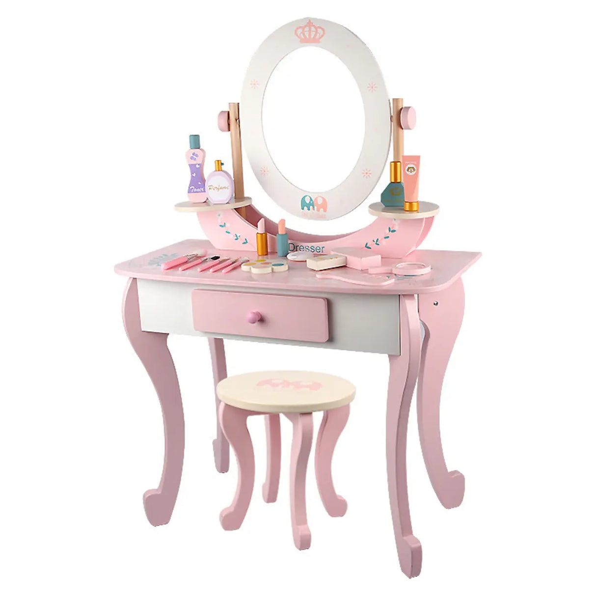 Stool Included Pink Vanity Table Set with Mirror and Storage Image - 3