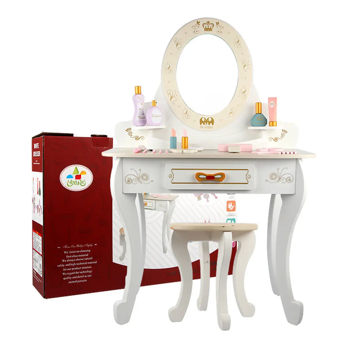 Stool Included Pink Vanity Table Set with Mirror and Storage Image - 4