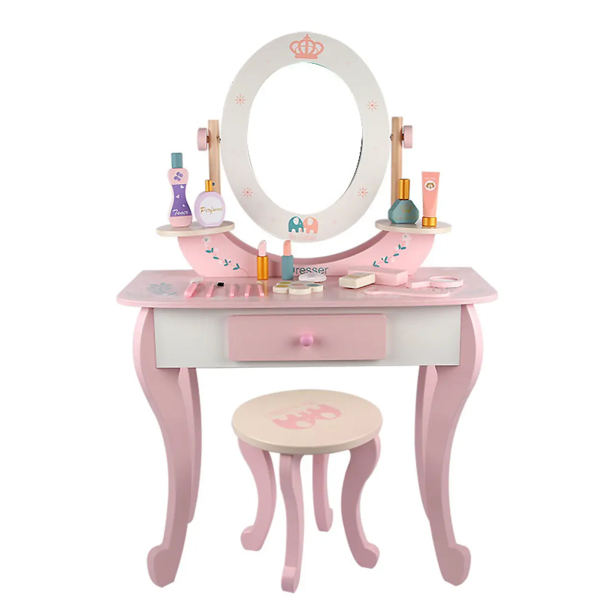 Stool Included Pink Vanity Table Set with Mirror and Storage Image - 5