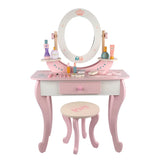 Stool Included Pink Vanity Table Set with Mirror and Storage Image - 5