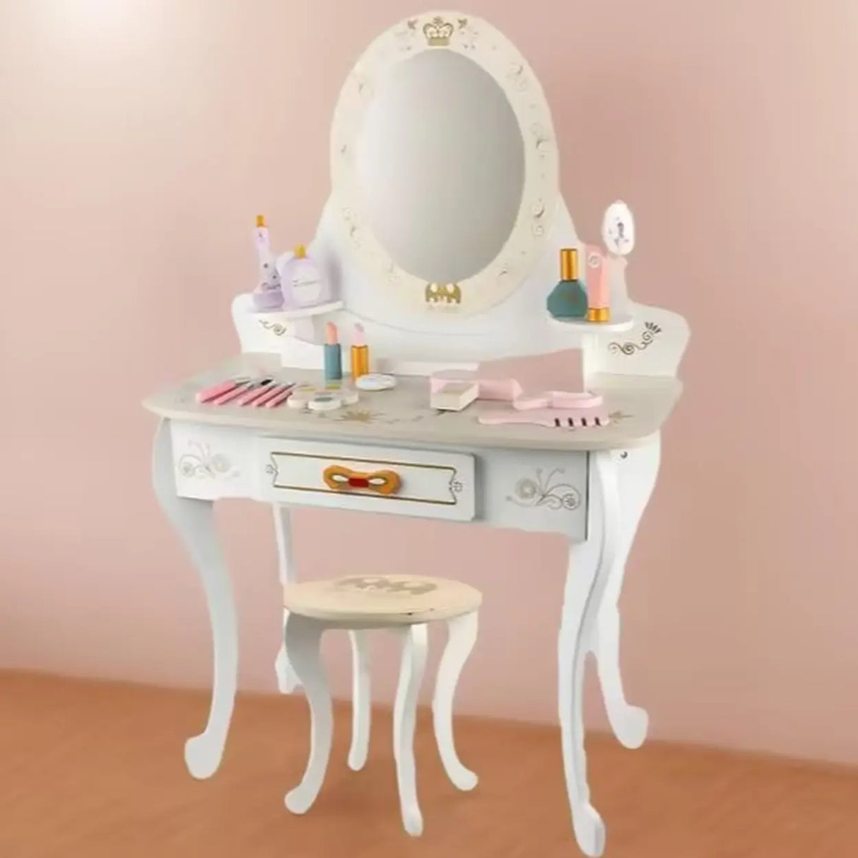 Stool Included Pink Vanity Table Set with Mirror and Storage Image - 6