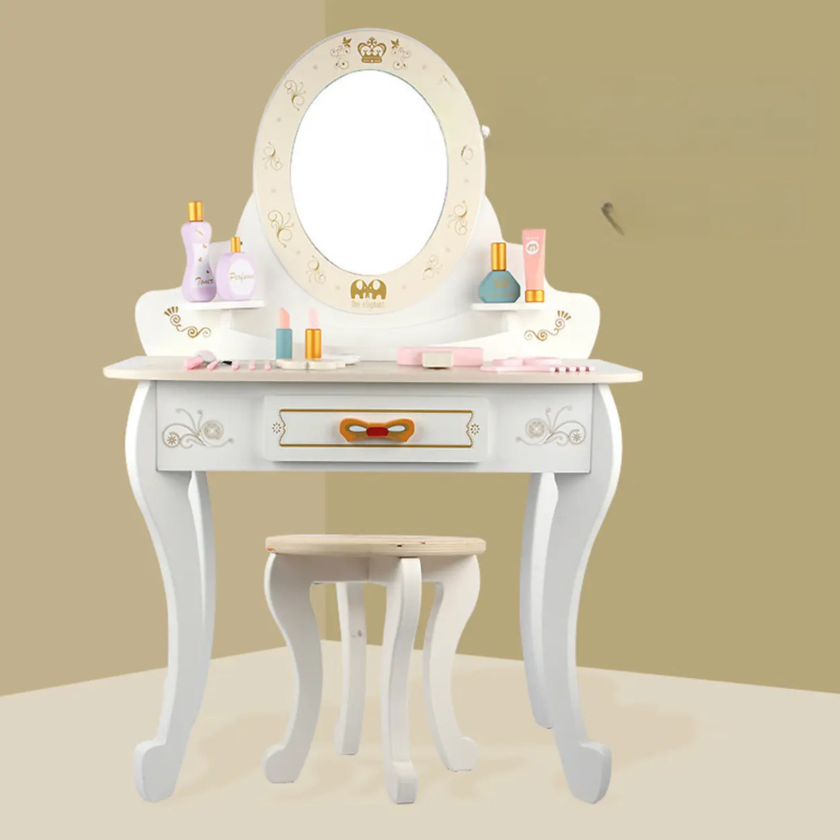 Stool Included Pink Vanity Table Set with Mirror and Storage Image - 8
