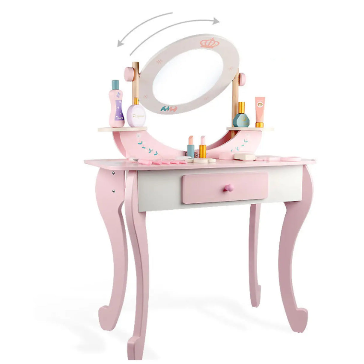Stool Included Pink Vanity Table Set with Mirror and Storage Image - 9
