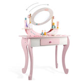 Stool Included Pink Vanity Table Set with Mirror and Storage Image - 9