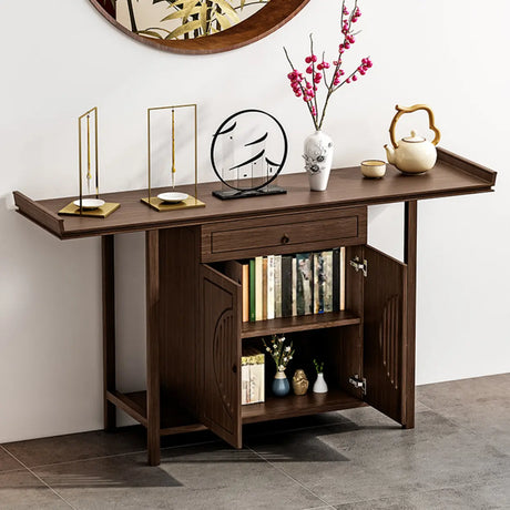 Storage Elegant Solid Wood Brown Floor Shelf Console Table Image - 1