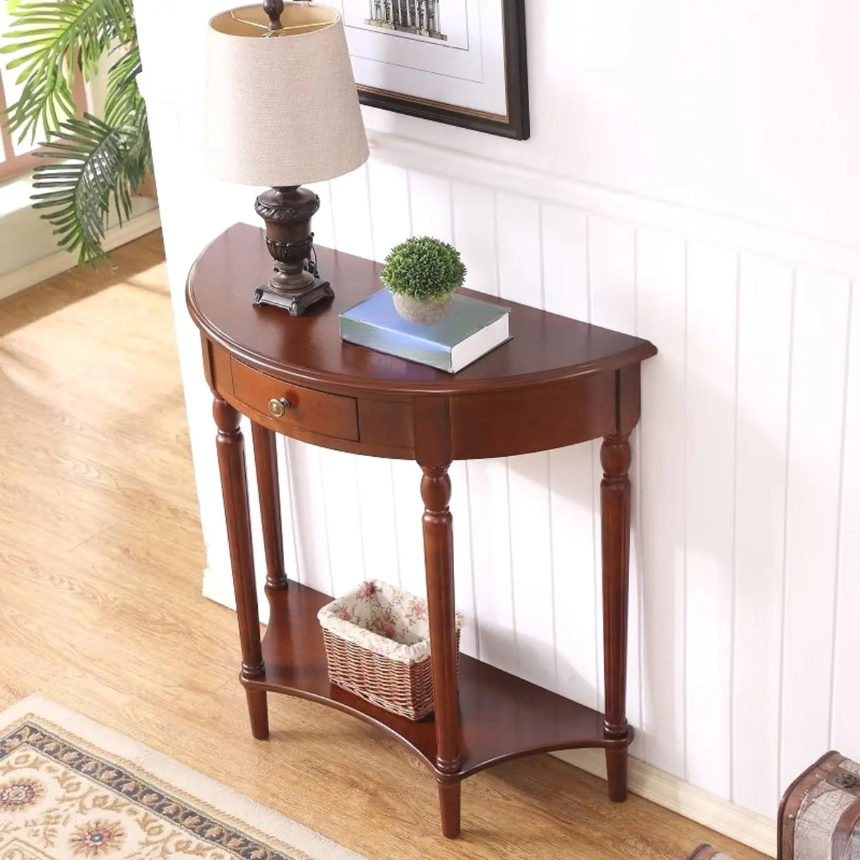 Storage Half-circle Wood Cherry Entryway Console Table Image - 3