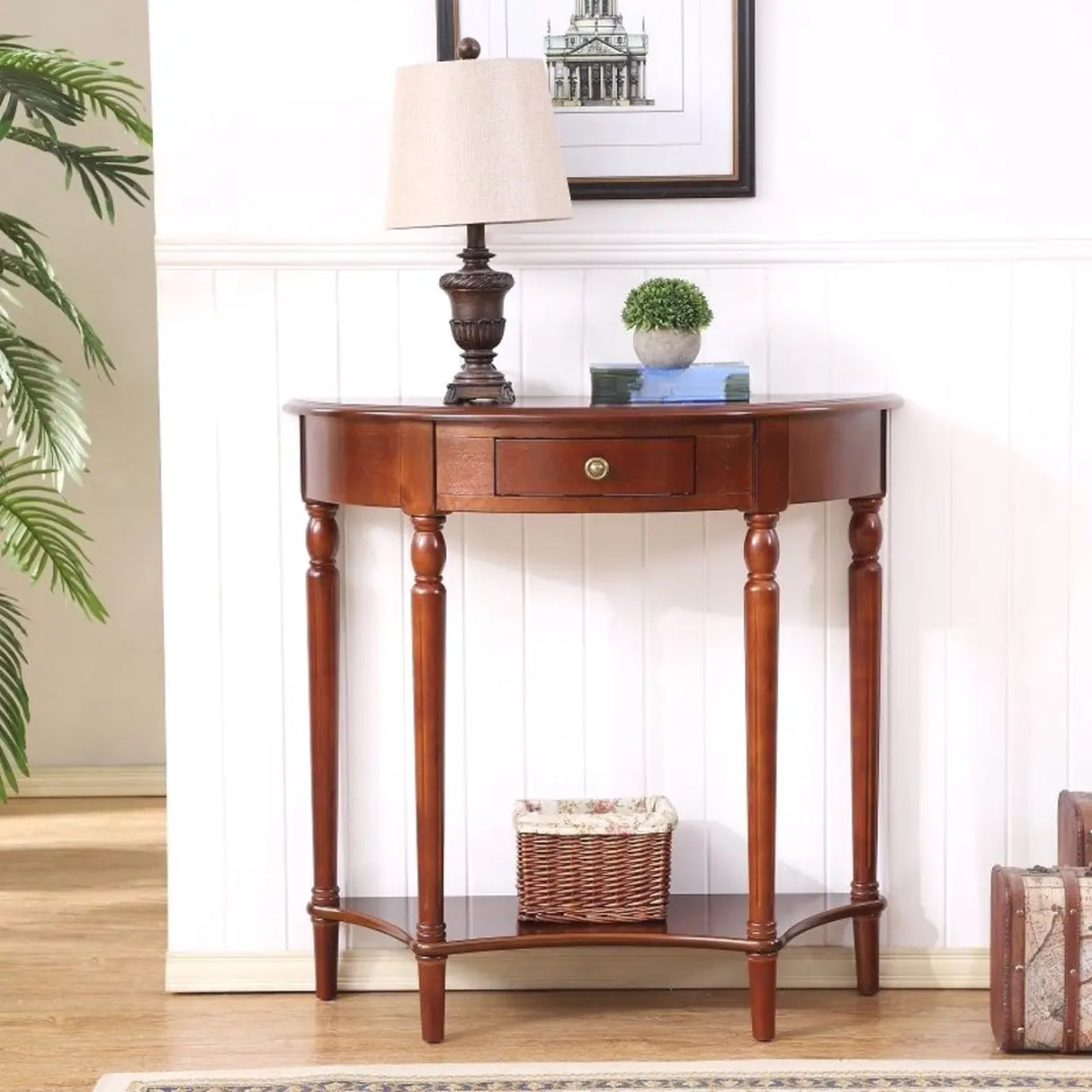 Storage Half-circle Wood Cherry Entryway Console Table Image - 4