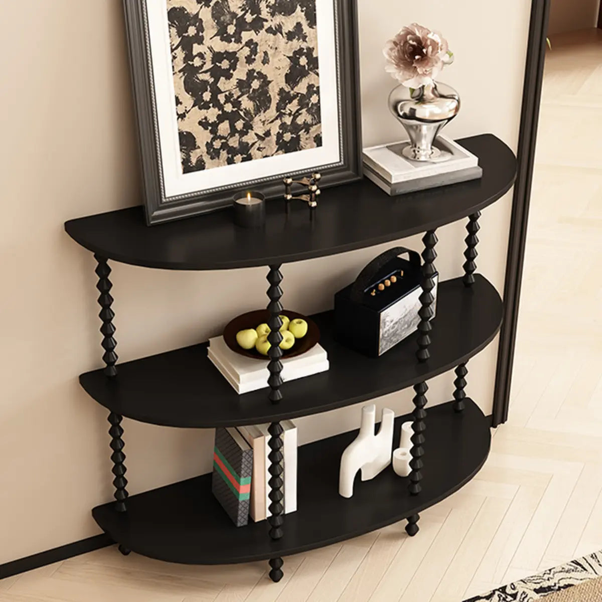 Storage Half Moon Wood Black Standard Console Table Image - 6