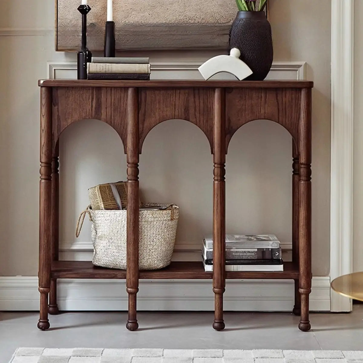 Storage Included Wood Brown Floor Shelf Console Table Image - 3