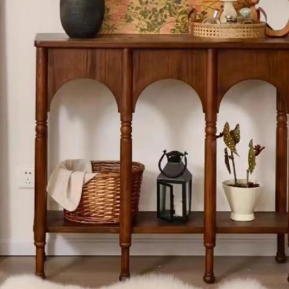 Storage Included Wood Brown Floor Shelf Console Table Image - 4