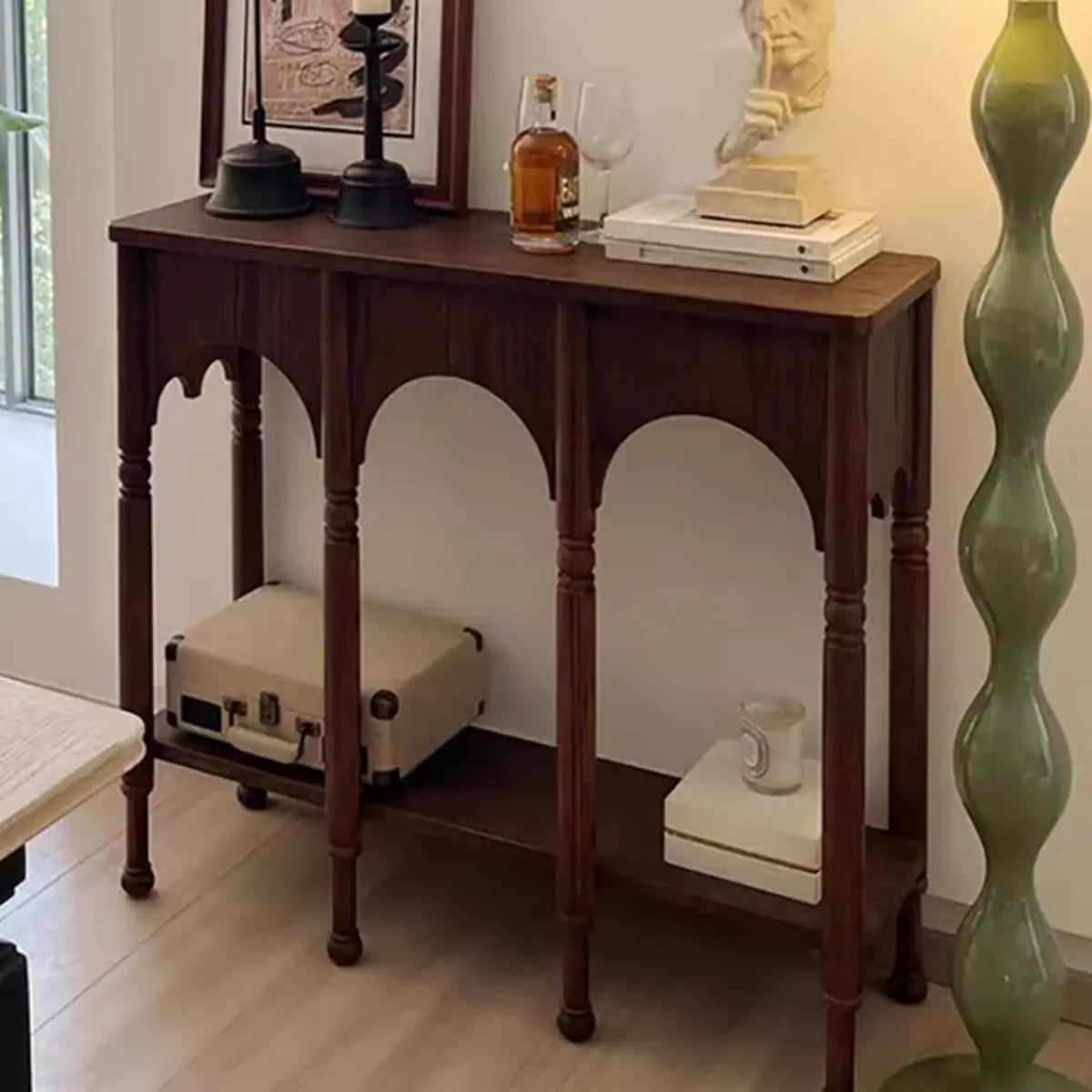 Storage Included Wood Brown Floor Shelf Console Table Image - 5