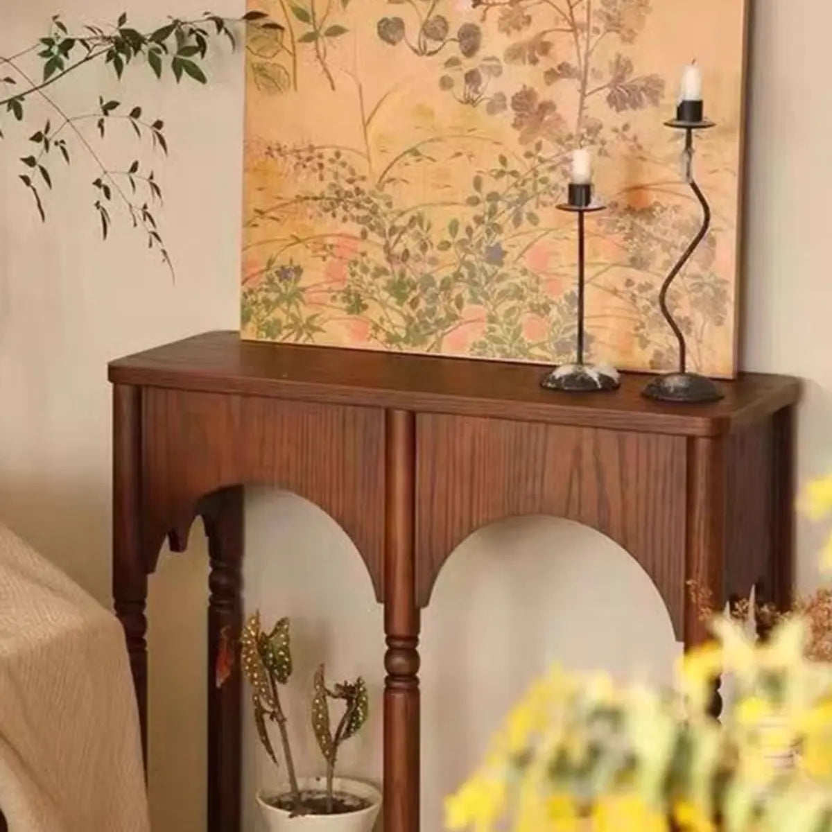 Storage Included Wood Brown Floor Shelf Console Table Image - 6