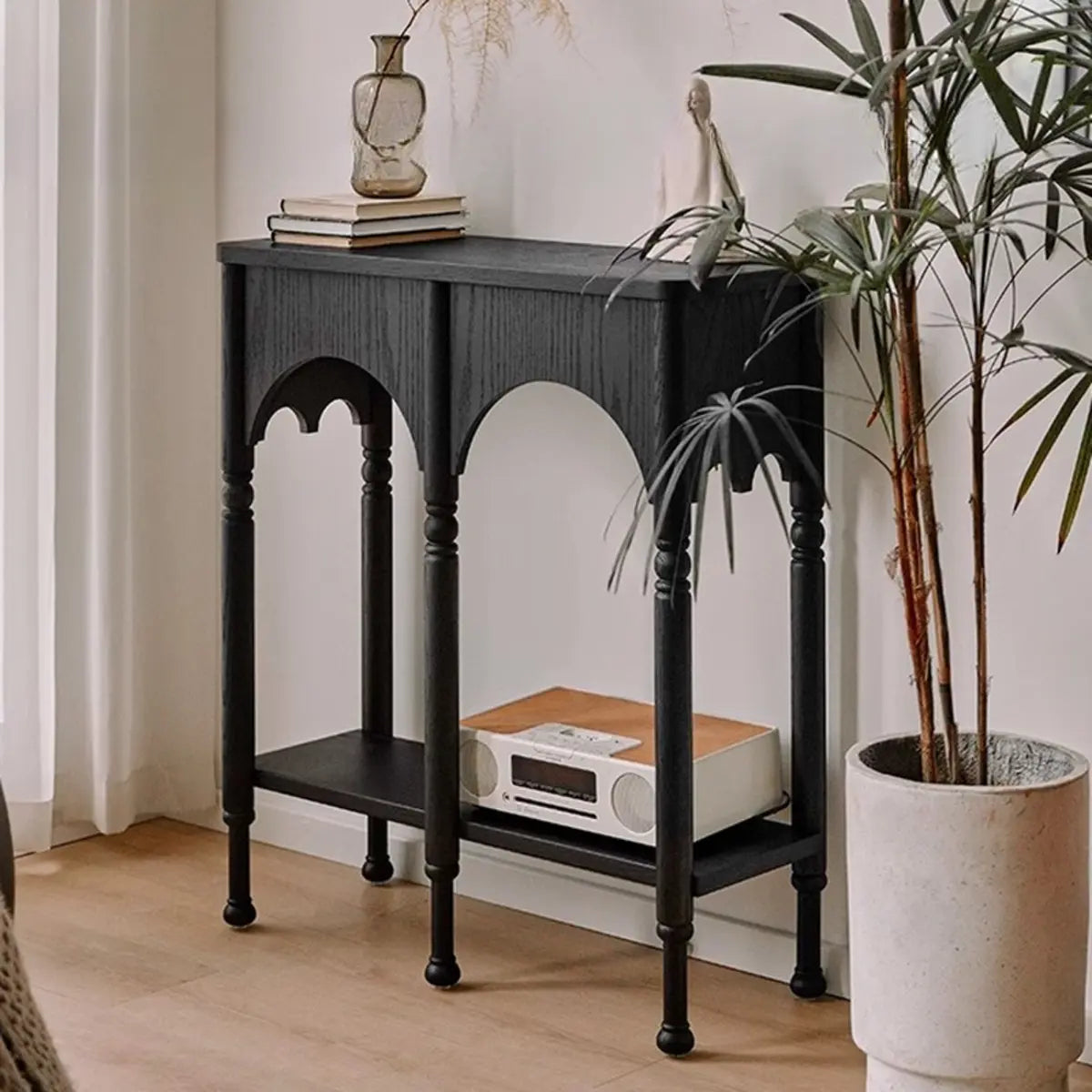 Storage Included Wood Brown Floor Shelf Console Table Image - 7