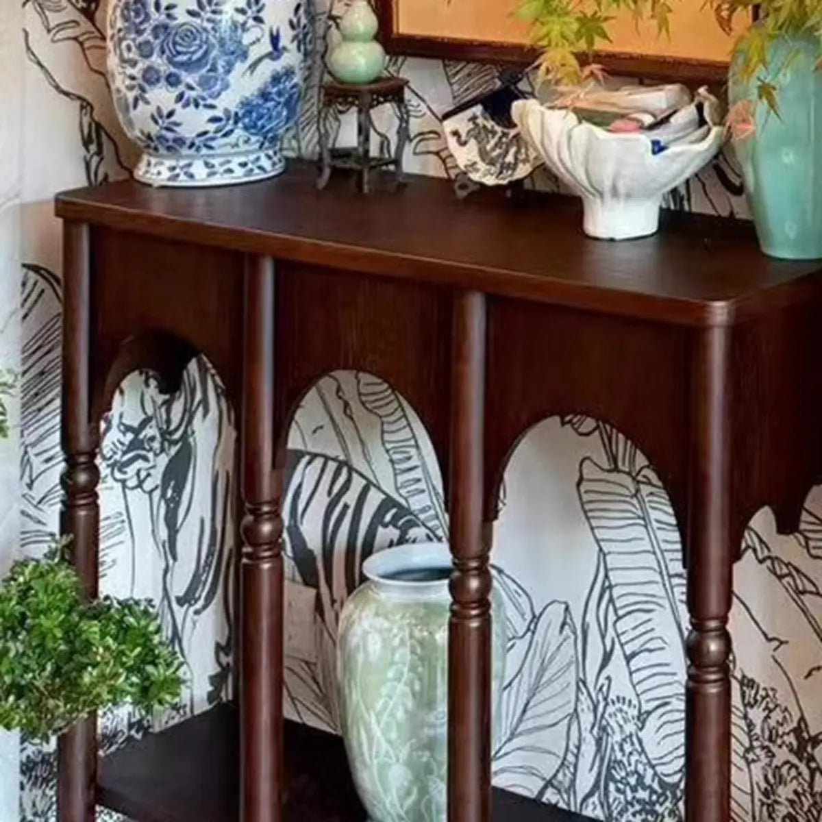 Storage Included Wood Brown Floor Shelf Console Table Image - 9