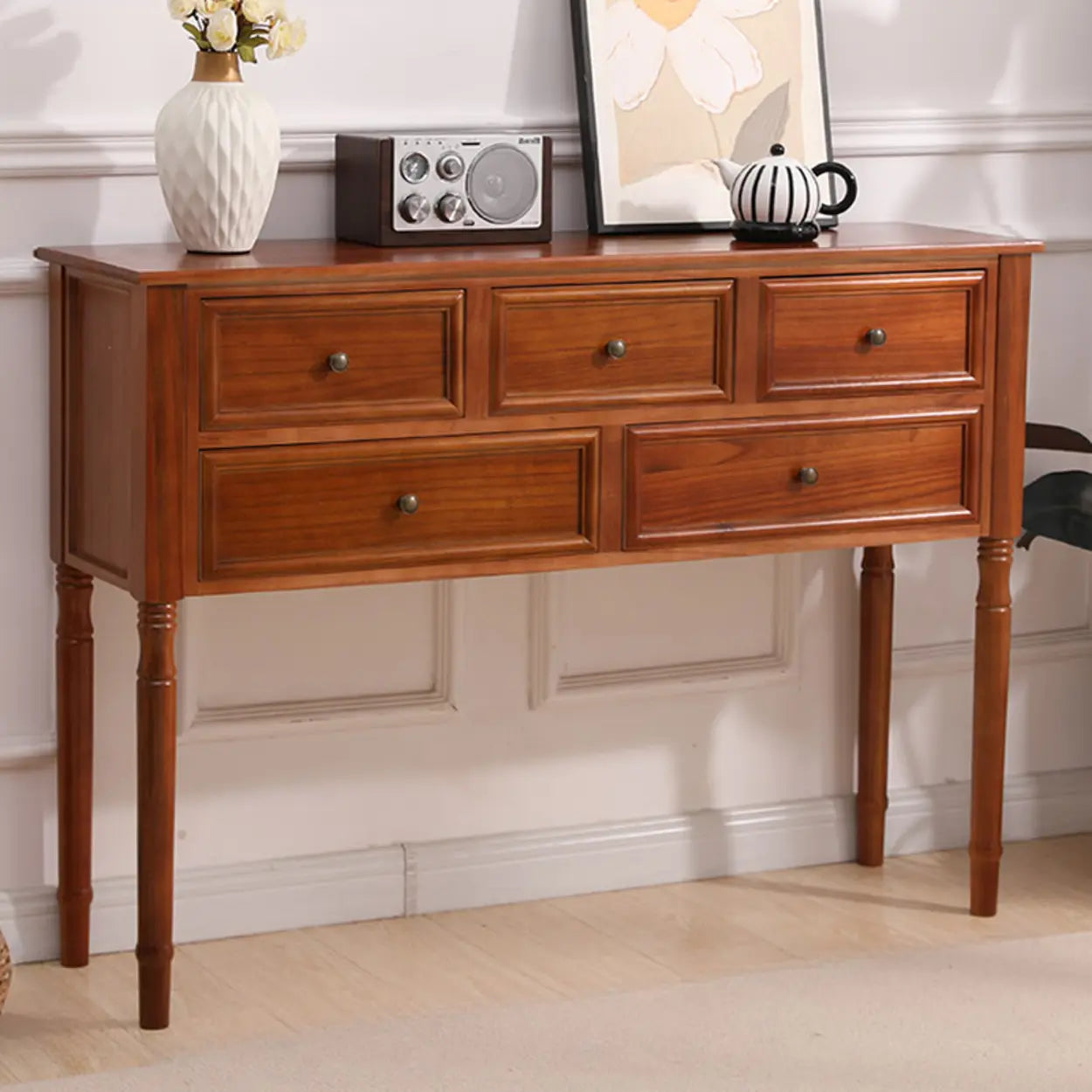 Storage Rectangular Wood Walnut Console Table with Drawers