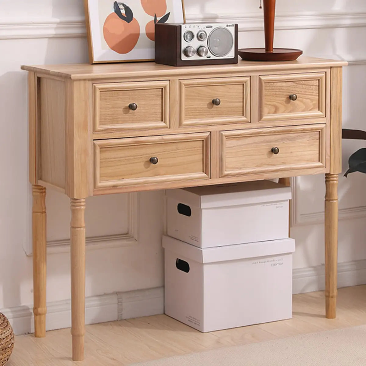 Storage Rectangular Wood Walnut Console Table with Drawers Image - 5