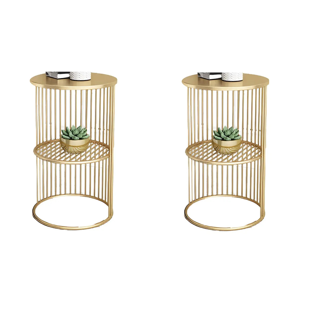 Storage Round Metal Frame Gold 2 Tiers Side Tables Image - 6