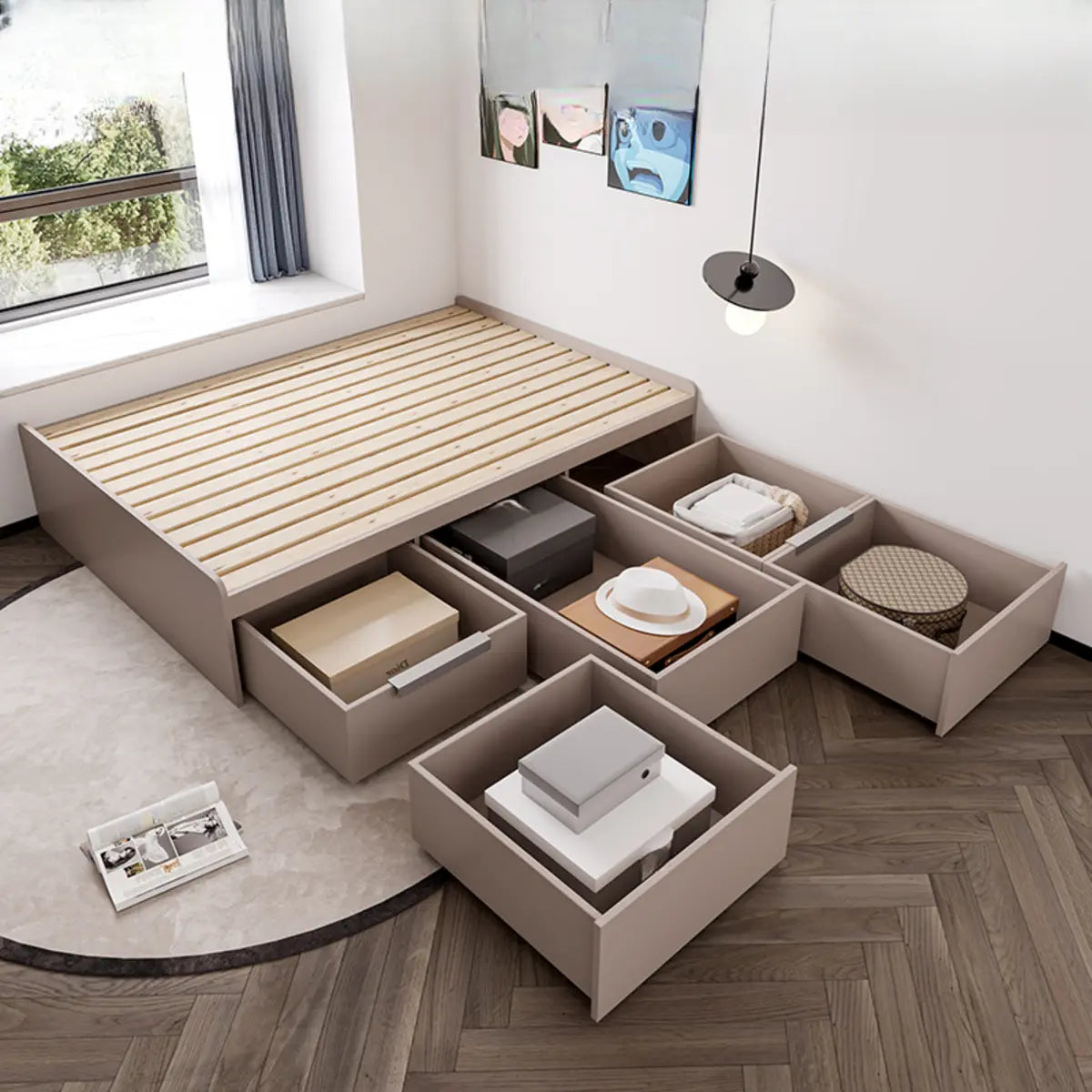 Storage Solid Wood Natural Queen Bed Frame with Drawers Image - 3
