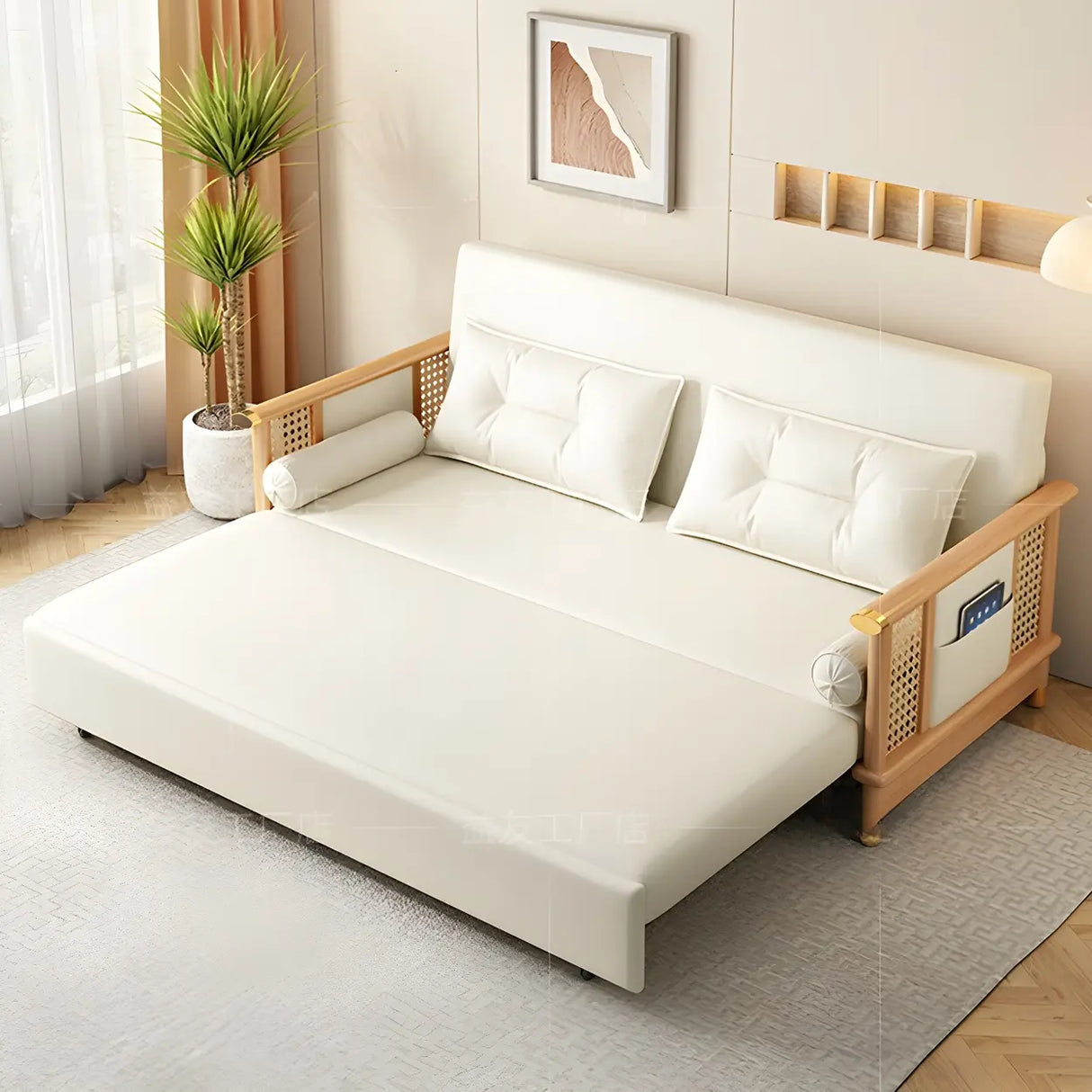 Storage White Foldable Loose Back Sleeper Sofa with Arms Image - 3