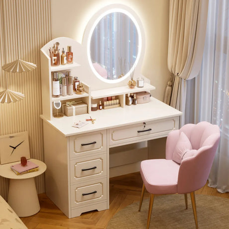 Storage Wooden Oval White Mirror Kids Vanity with Drawer Image - 1