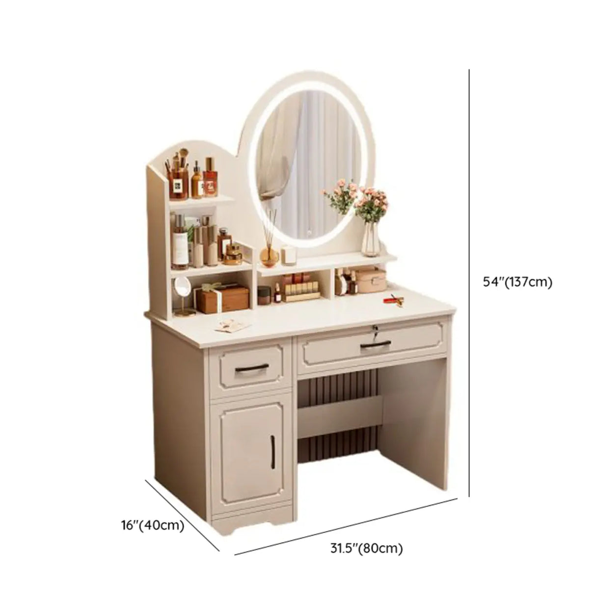 Storage Wooden Oval White Mirror Kids Vanity with Drawer Image - 10