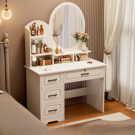 Storage Wooden Oval White Mirror Kids Vanity with Drawer Image - 2