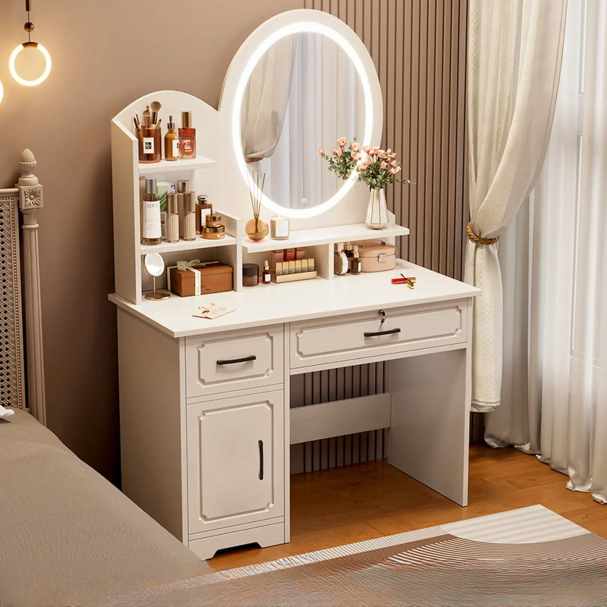 Storage Wooden Oval White Mirror Kids Vanity with Drawer Image - 3