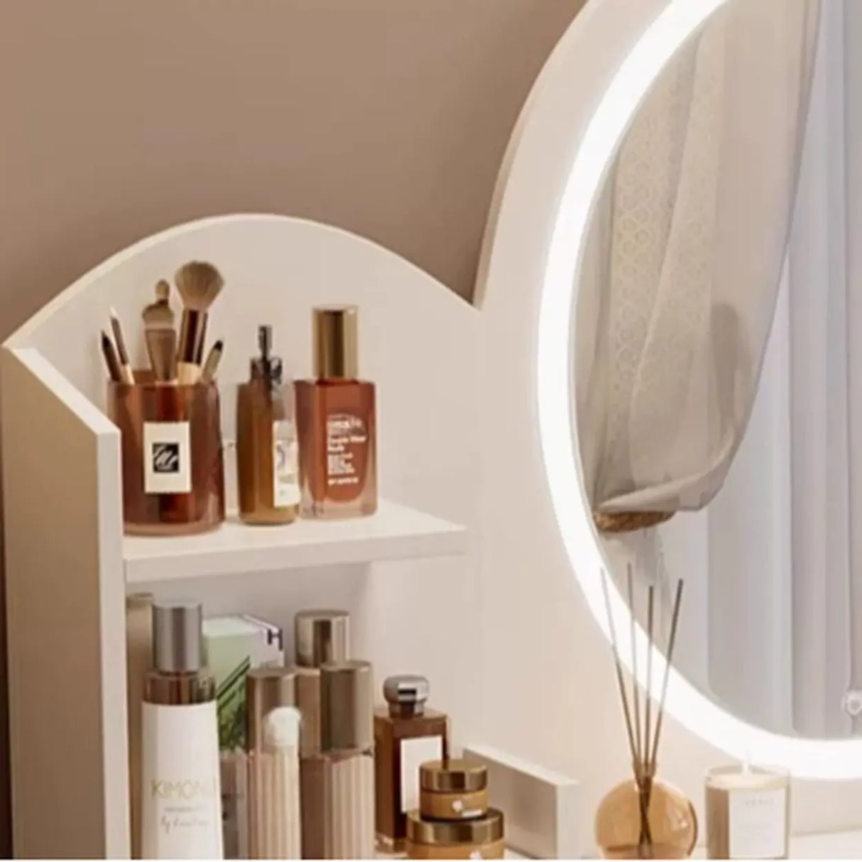 Storage Wooden Oval White Mirror Kids Vanity with Drawer Image - 7