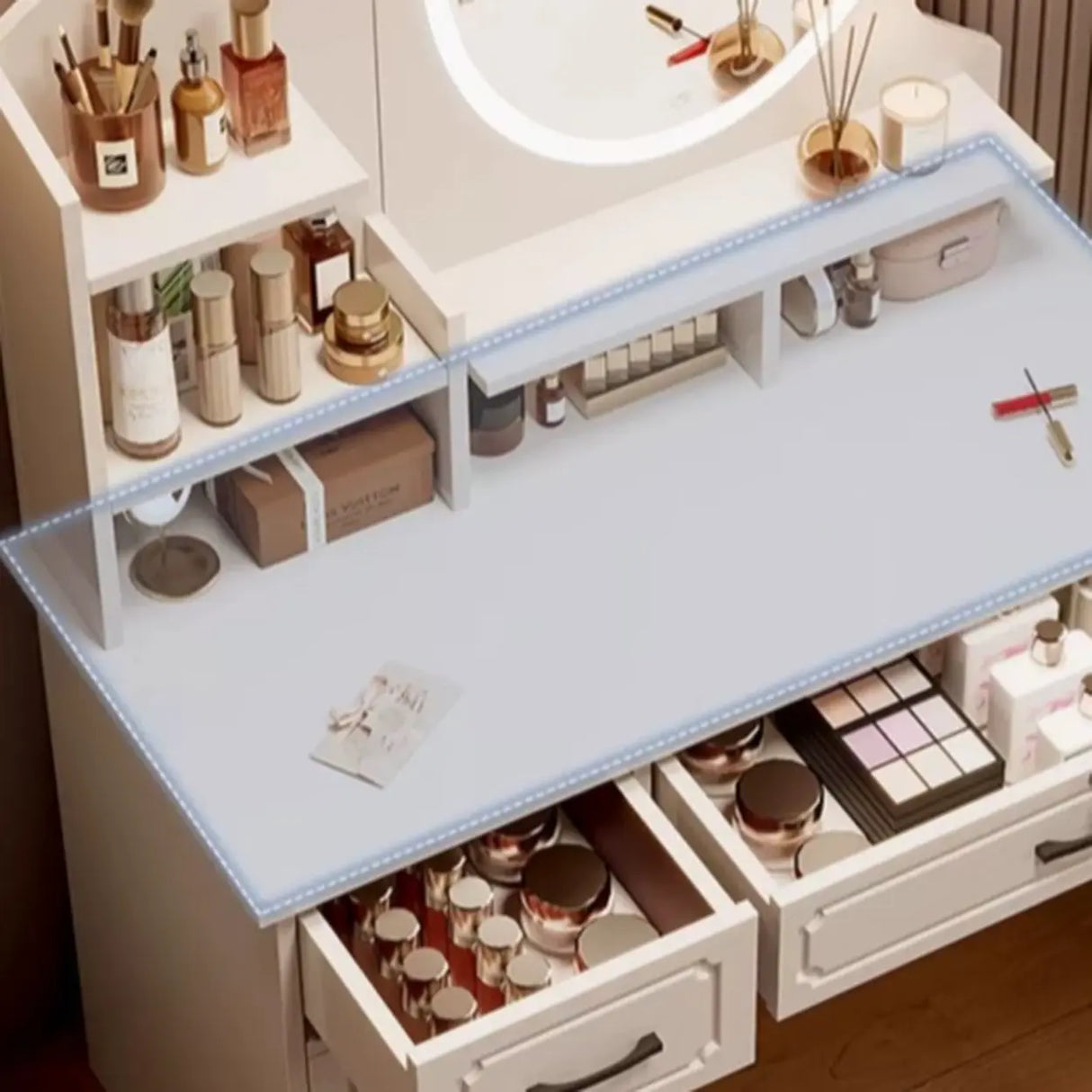 Storage Wooden Oval White Mirror Kids Vanity with Drawer Image - 8