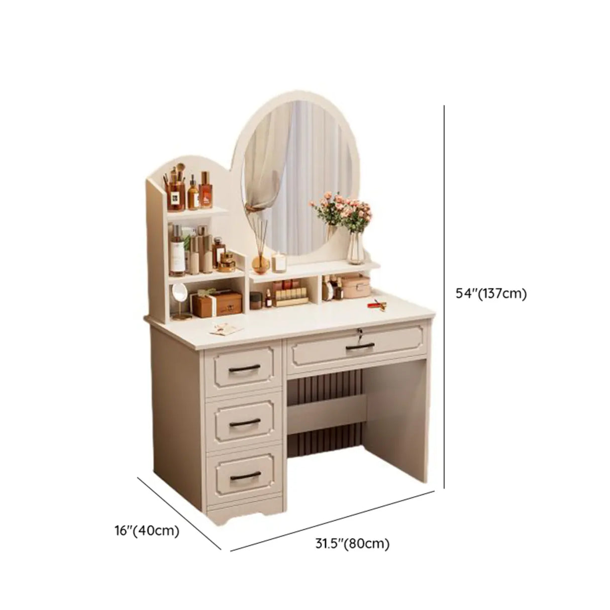 Storage Wooden Oval White Mirror Kids Vanity with Drawer 