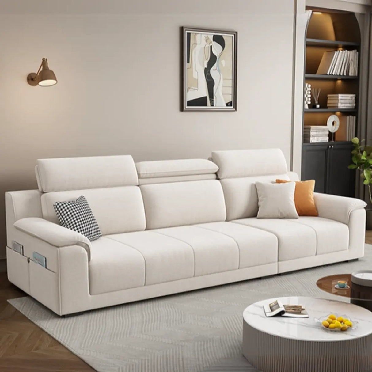 Straight Fabric Cream Pillow Back Storage Included Sectional Image - 4