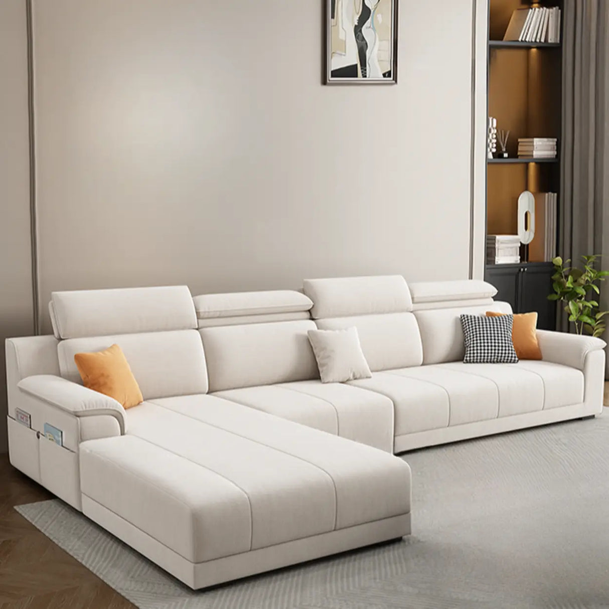 Straight Fabric Cream Pillow Back Storage Included Sectional Image - 6