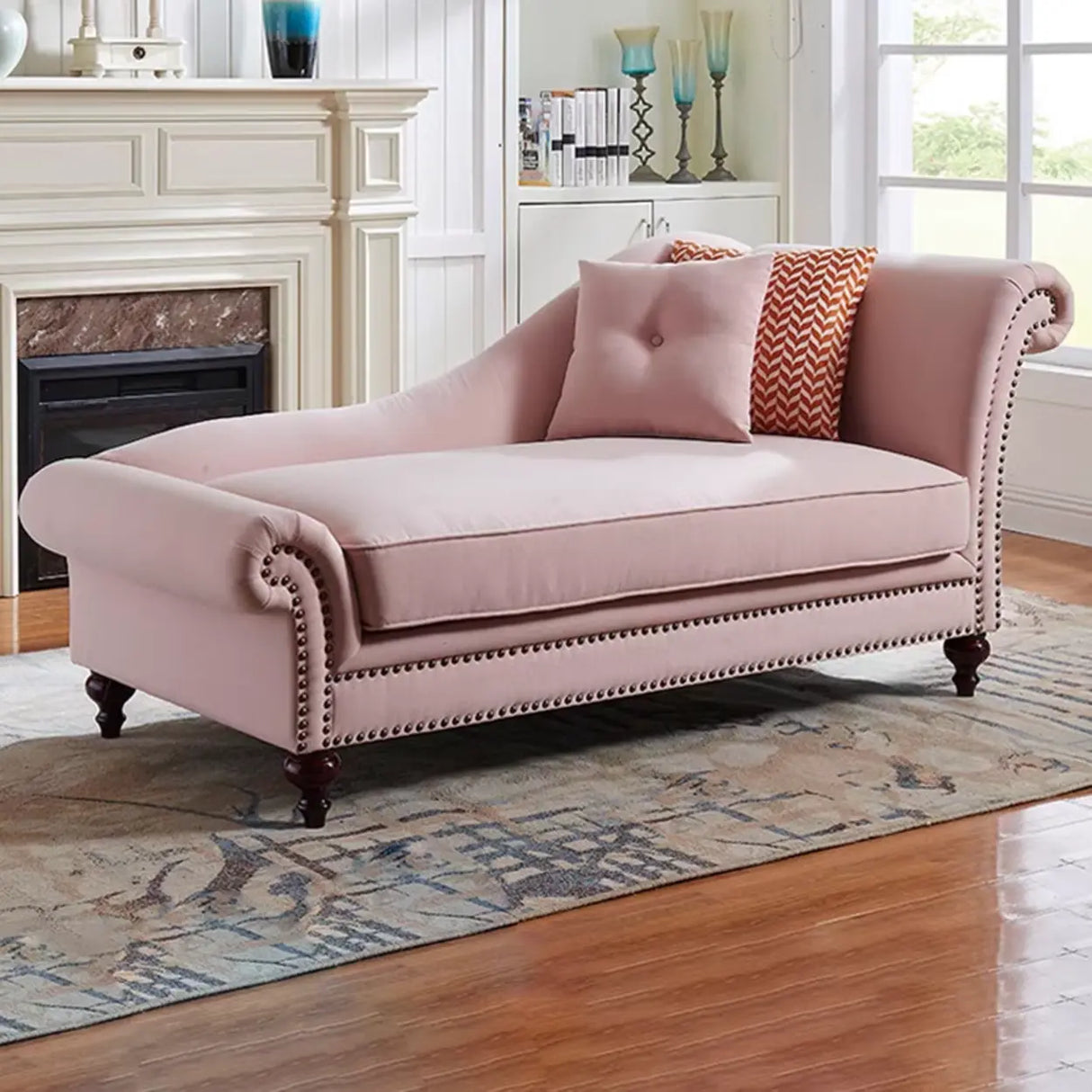 Striped Fabric Left-Arm Chaise with Nailhead Trim Image - 11
