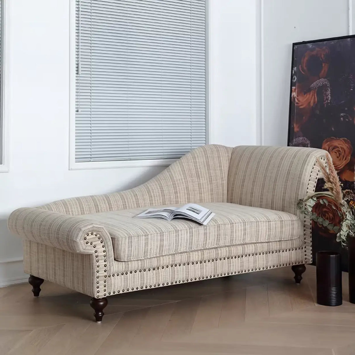 Striped Fabric Left-Arm Chaise with Nailhead Trim Image - 3