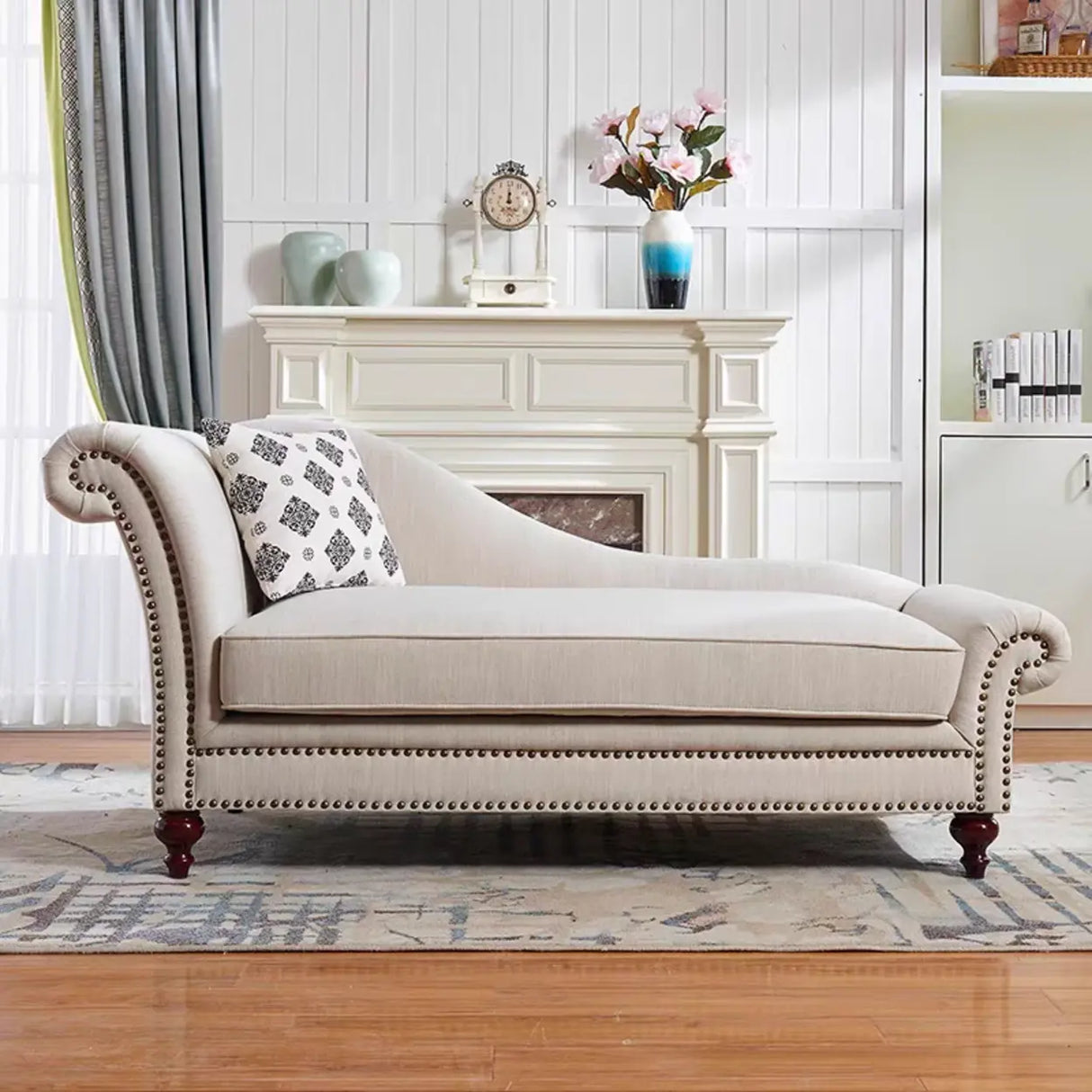 Striped Fabric Left-Arm Chaise with Nailhead Trim Image - 5