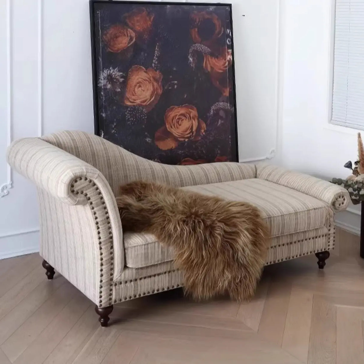 Striped Fabric Left-Arm Chaise with Nailhead Trim Image - 6