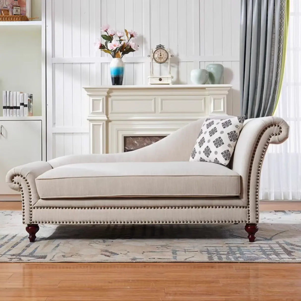 Striped Fabric Left-Arm Chaise with Nailhead Trim Image - 7
